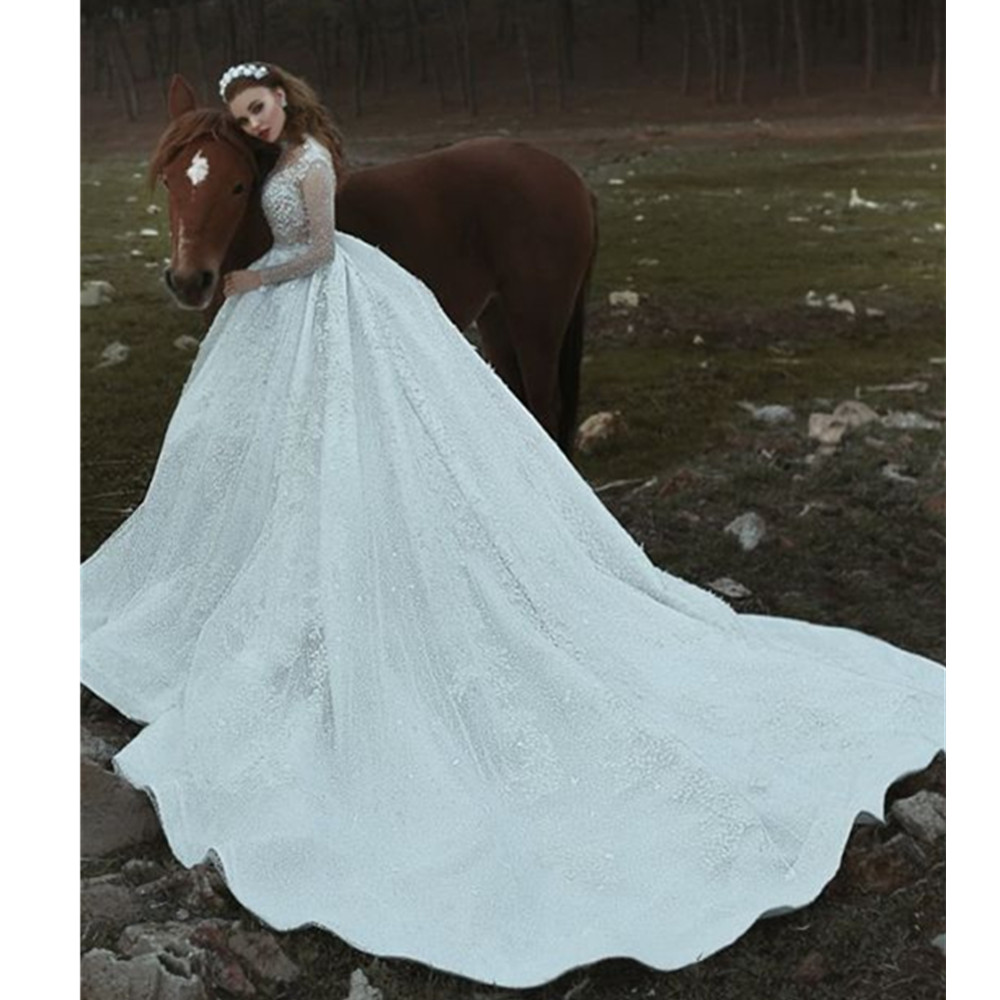 Women Sexy Wedding White Dress Deep High Neck Long Mesh Lace Sleeve A-Line Pleated Dresses YD Es