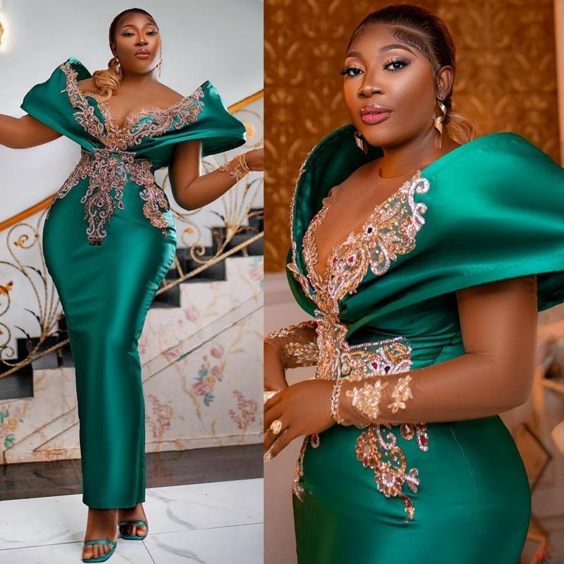 Emerald Green Aso Ebi Prom Mermaid Long Sleeves Lace Rehies Evening Dresses African Arabic Pageant Gowns Birthday Party Gown for Black Women AM092
