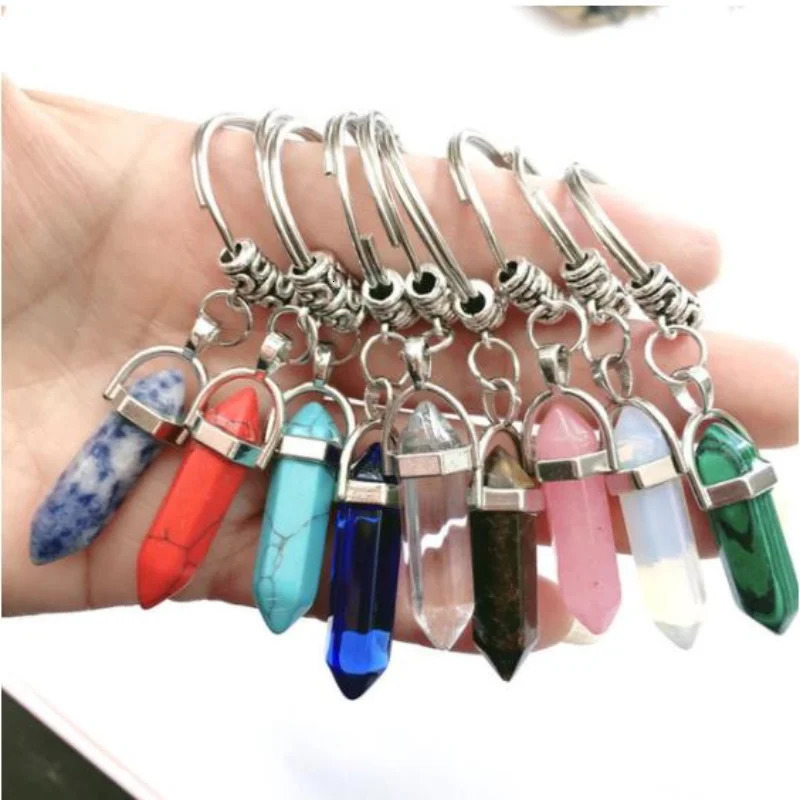 Keychains Lanyards 20pcs Natural Stone Crystal Quartzs Keychain Women Men Handbag Hangle Car Key Holder Raw Mineral Stone KeyRing Jewelry 231205
