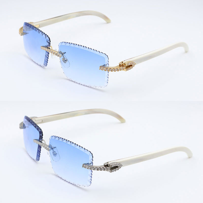 Moissanite Set Rimless Sunglasses Men Big Stones gafas de sol Original White Genuine Natural Horn Glasses Women Designer Dia cut Lens Hot