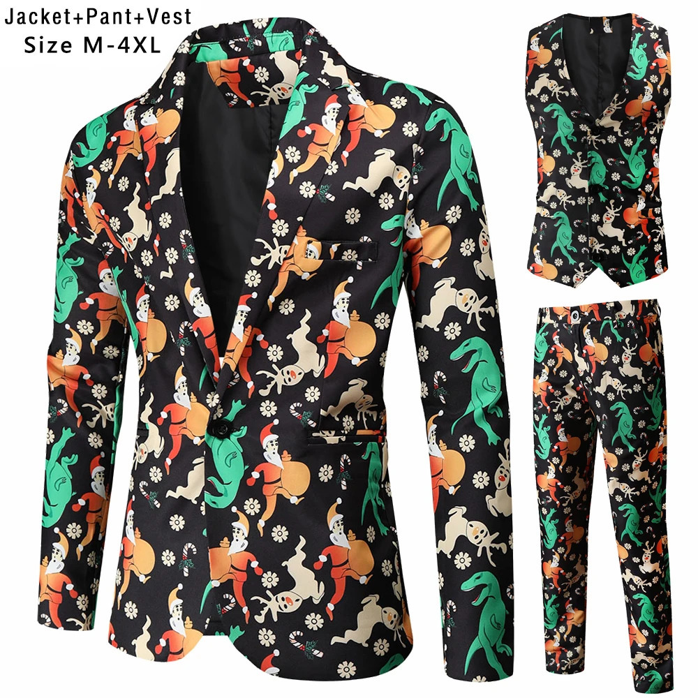 Men's Suits Blazers Men's Goggles Santa Claus Christmas Suit Fashion Three Peices Year Dress Up Costume Homme Blazer Vest Pants Suits Dress 