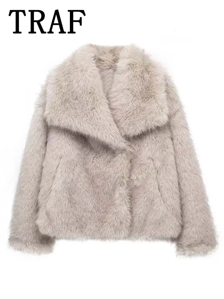 Women's Down Parkas TRAF Faux Fur Cropped Jackets for Women Coats Thick Warm Soft Jacket Woman 2023 Long Sleeve Casual Winter Coat In Outerwear 2