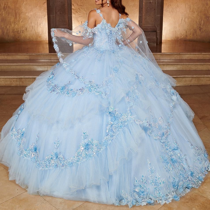 Sky Blue Shiny Princess Quinceanera Dress Lace Applique Flower Beaded With Cape Mexico Sweet 16 Vestidos De XV 15 Anos