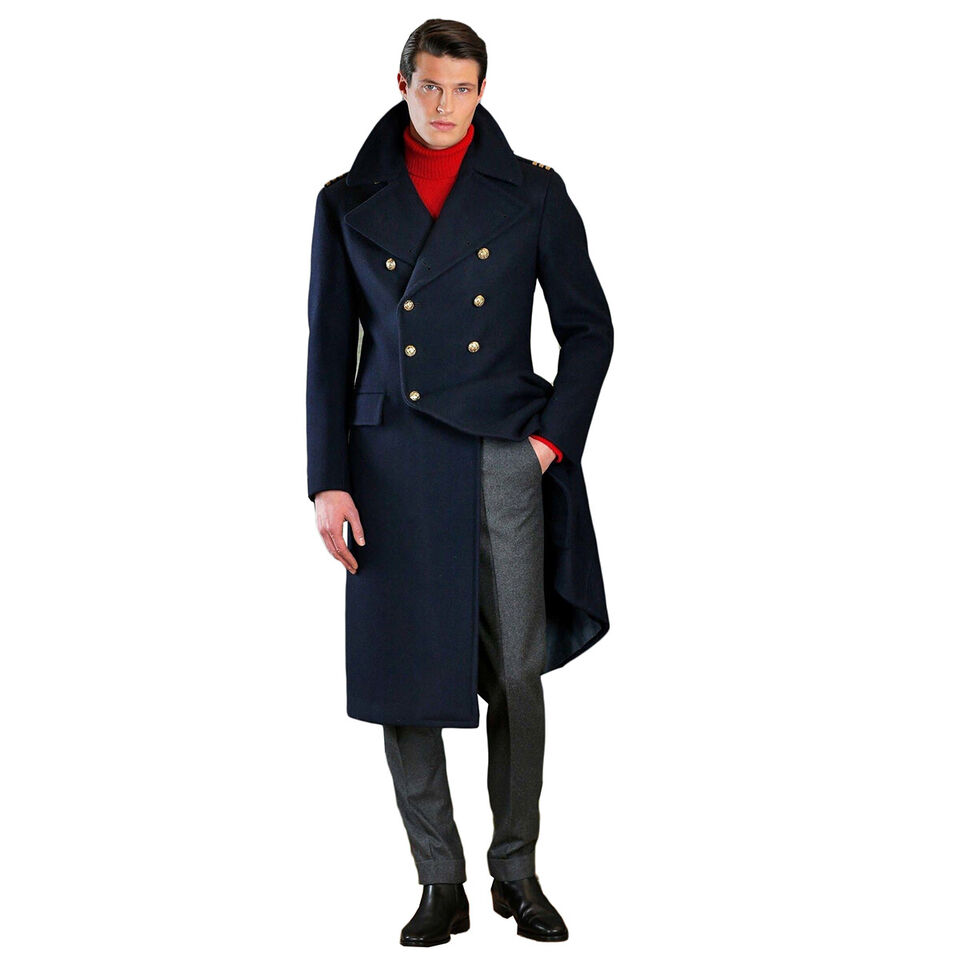 Mens Dark Blue Classic Fall Overcoat Long Jacket Heavy Double Breasted Wedding Coat Tuxedos