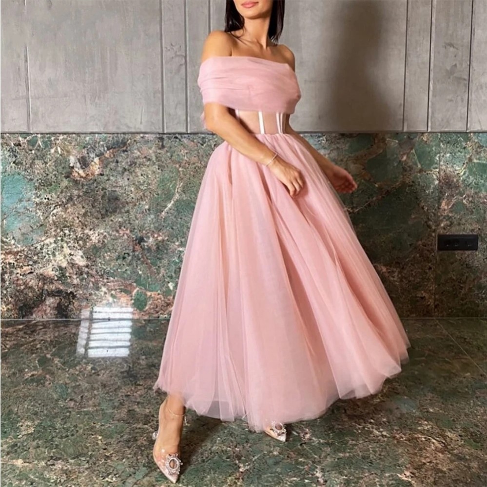 2024 Classic A-Line Pink Evening Dress Off Shoulder Boat Neck Tea-Length Tulle Formal Prom Party Gowns Abendkleider Robe De Soriee