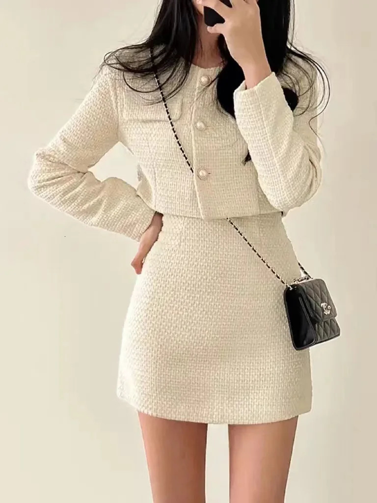 Two Piece Dress Autumn Single Breasted Tweed Jackets Women Coat High Waist Mini Skirt 2 Piece Sets Spring Outfit Elegant Office Suit 231205