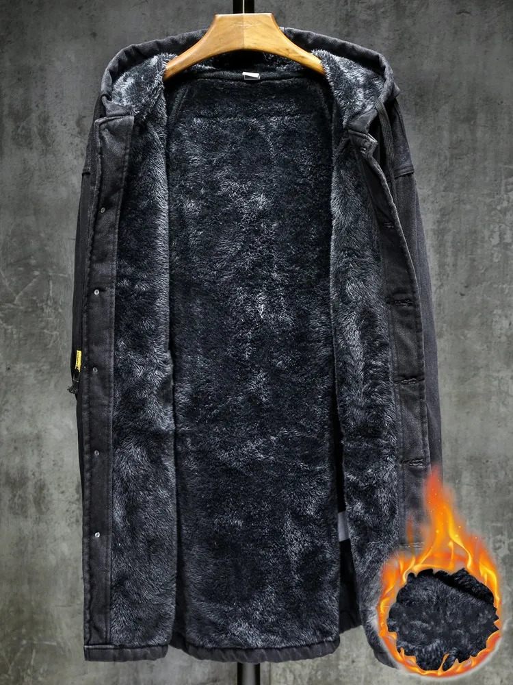 Men's Jackets Winter Mens Thick Warm Faux Fur Lining Mid Long Denim Jacket Hooded Straight Cowboy Coat Casual Streetwear Overcoat Big Size 5XL 23