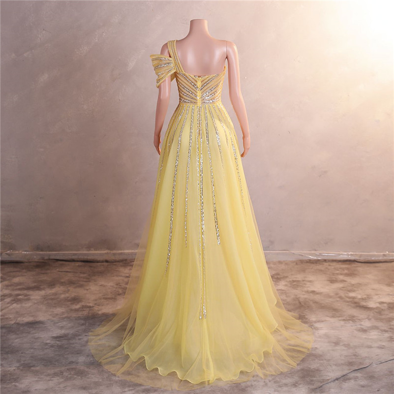 Luxury Beads Sequins Evening Dresses Sexy Side Split One Shoulder Spaghetti Backless Prom Gowns For Women Occasion Wears BM3509