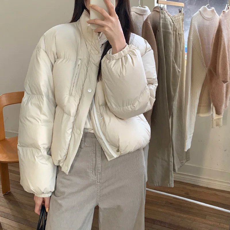 Women's Down Parkas 2023 Jacket Winter Stand Up Collar Casual White Duck Loose Bread Slim Fit Warm Solid Color Coat 231205