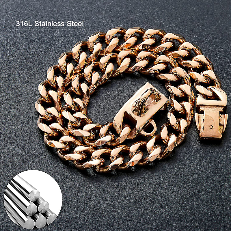 free shipping Rose Gold Dog Collar,Dog Cuban Link Collars,13MM Strong Stainless Steel Links Chain Pets Collar,Metal Walking Collar for Small Medium La