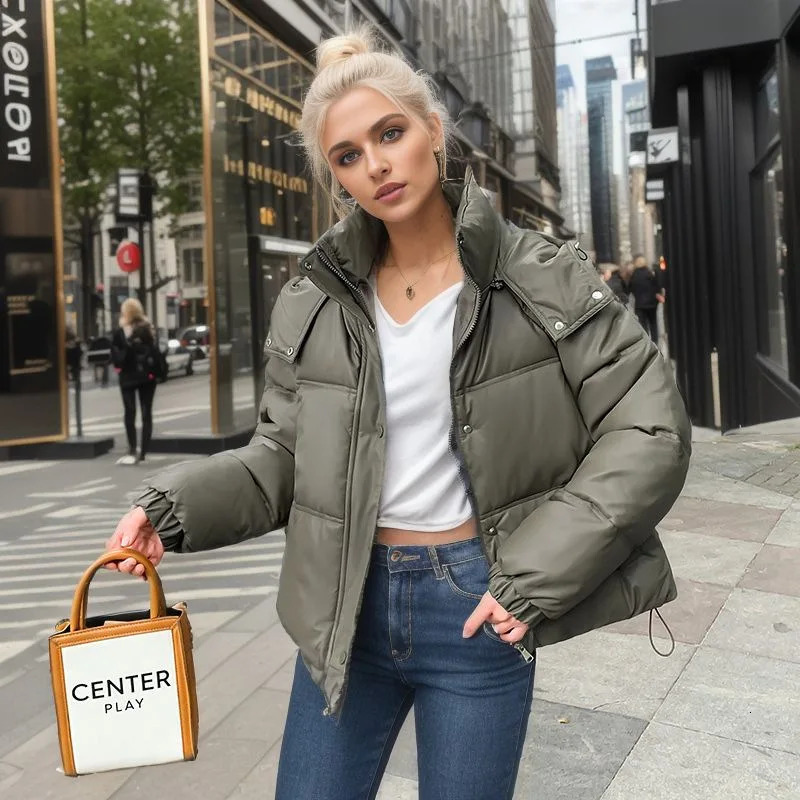 Women's Jackets 2023 Winter All Match Zipper Parka Women Solid Color Full Sleeve Chic Button Jacket Ladies Hooded Short Cotton Down Coat 231205