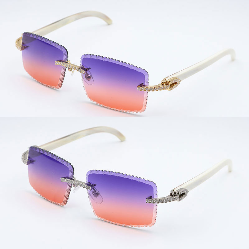 Moissanite Set Rimless Sunglasses Men Big Stones gafas de sol Original White Genuine Natural Horn Glasses Women Designer Dia cut Lens Hot