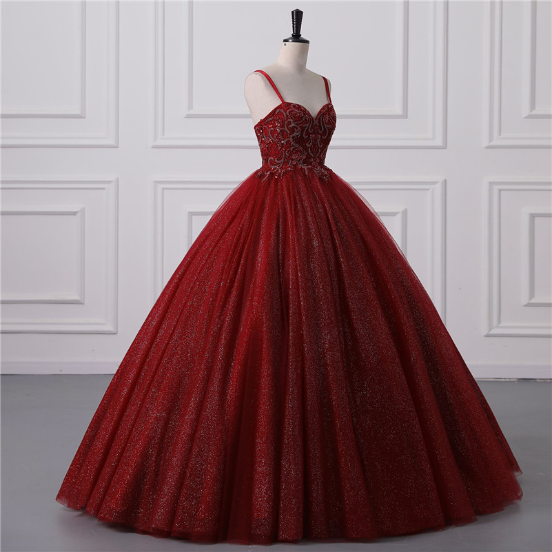 Shiny Burgundy Ball Gown Quinceanera Dresses Sexy Spaghetti Straps Backless Sequins Appliques ong Prom Evening Gowns For Teens BM3505