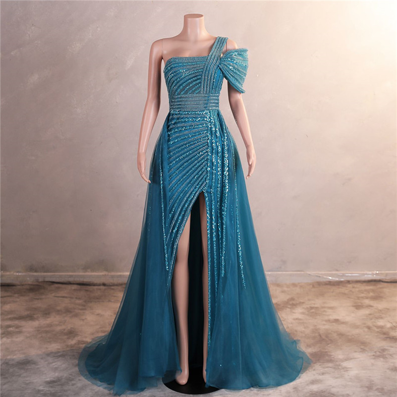 Luxury Beads Sequins Evening Dresses Sexy Side Split One Shoulder Spaghetti Backless Prom Gowns For Women Occasion Wears BM3509