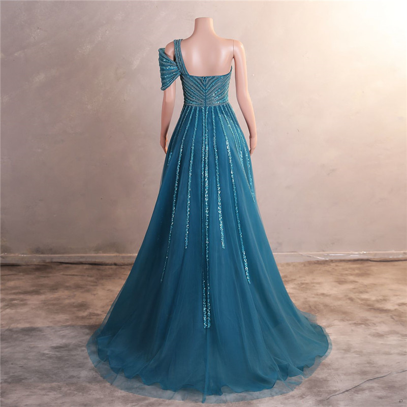 Luxury Beads Sequins Evening Dresses Sexy Side Split One Shoulder Spaghetti Backless Prom Gowns For Women Occasion Wears BM3509