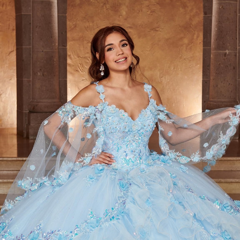 Sky Blue Shiny Princess Quinceanera Dress Lace Applique Flower Beaded With Cape Mexico Sweet 16 Vestidos De XV 15 Anos