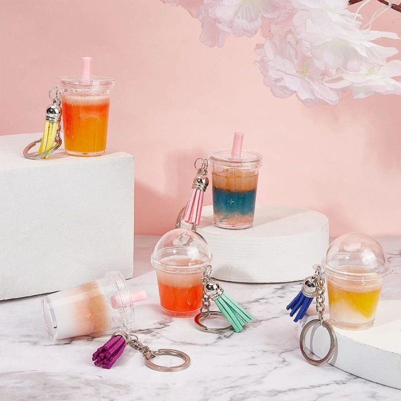 Keychains Lanyards 204Pcs Mini Cup Keychain Kit Bubble Tea Keychain Kit Mini Cup Pendant Charm with Keychain Rings Tassels Bubbles Straws 231205
