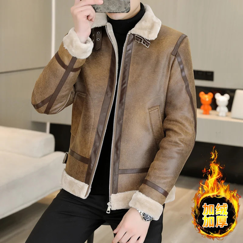 Men's Leather Faux Winter Fur Jacket Men Fashion Plus Velvet Padded Warm Motorcycle Casual Business Social PU Overcoat Clothing 231205