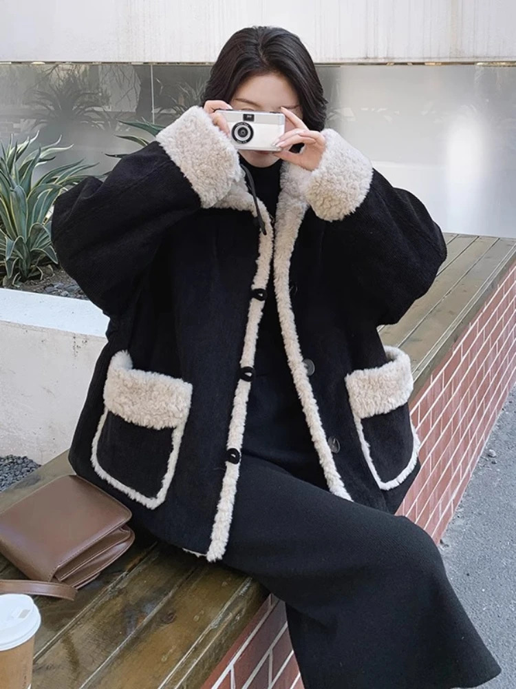 Women's Down Parkas 2023 Autumn Winter Women Warm Faux Fur Fleece Coat Jacket Ladies Lamb Wool Thickened Lapel Female Chic Outwear Corduroy Tops 