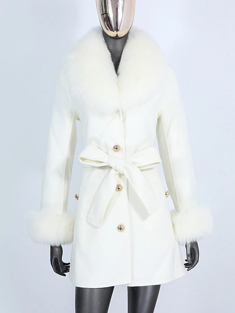 Women's Wool Blends BLUENESSFAIR Real Fur Coat Winter Jacket Women Natural Collar Cuffs Belt Cashmere Woolen Outerwear Streetwear 231206