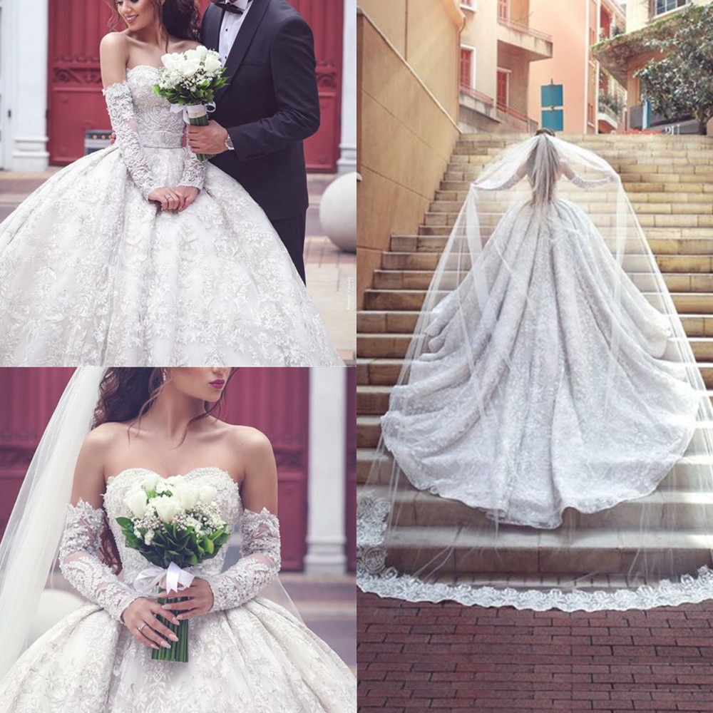 Luxury Satin Lace Ball Gown Wedding Dresses Bridal Gowns Sheer Sweatheart Neck Lace A-line Sequins Plus Size Robe De Mariee Custom Made plus size YD