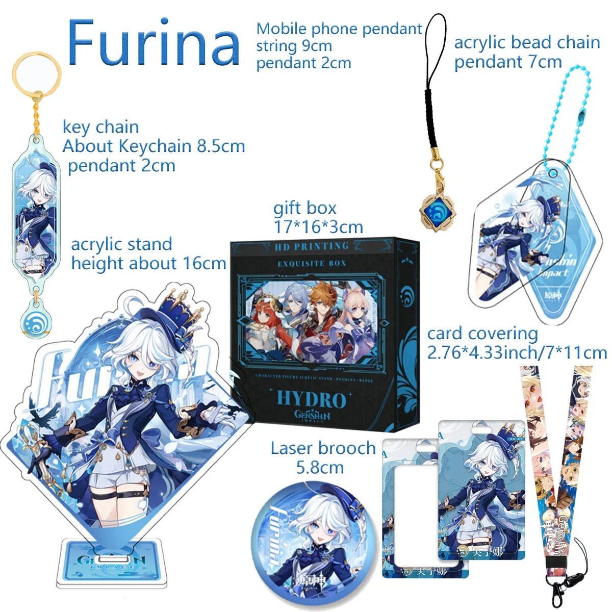 Keychains Lanyards Game Wanderer Xiao Furina Neuvillette Wriothesley Navia Chevreuse Lyney Decoration Pendant Gift Box Gift Keychain 231205