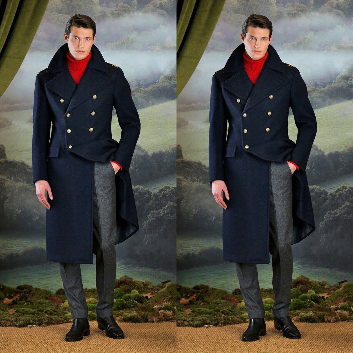 Mens Dark Blue Classic Fall Overcoat Long Jacket Heavy Double Breasted Wedding Coat Tuxedos