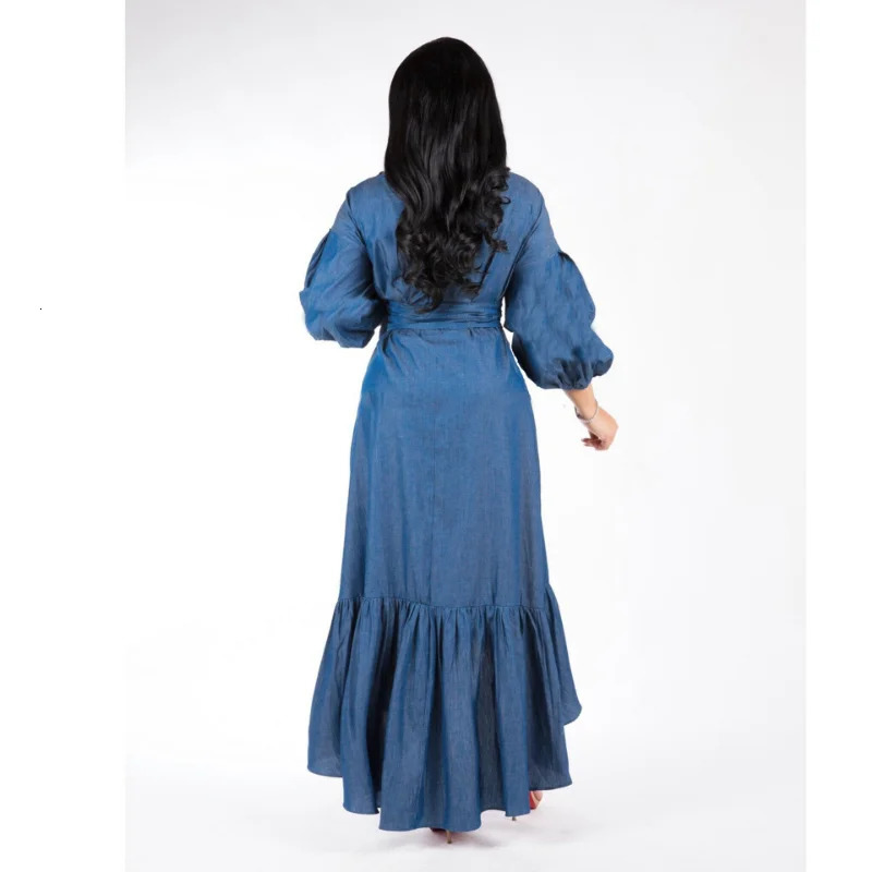 Urban Sexy Dresses WSFEC S2xl Elegant Women'S Long Sleeve Denim Irregular Casual Solid Maxi Dress Female Party Vestidos Wholesale Dropshopping 23