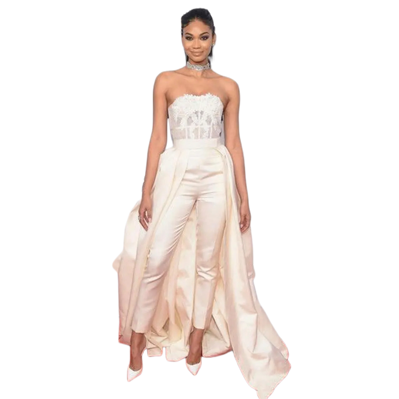Charming Jumpsuit Prom Dresses With Removable Skirt Red Carpet Strapless Sleeveless Simple Lace Applique Ivory Corset Evening Gowns Women Formal Wear