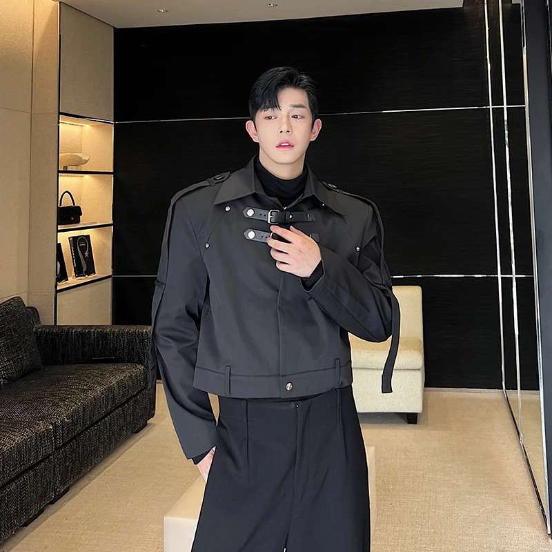 Men's Jackets Fashion Mens Jacket Workwear Leather Buckle Silhouette Streetwear Solid Lapel Long Sleeve Loose Casual Crop Coats 231205