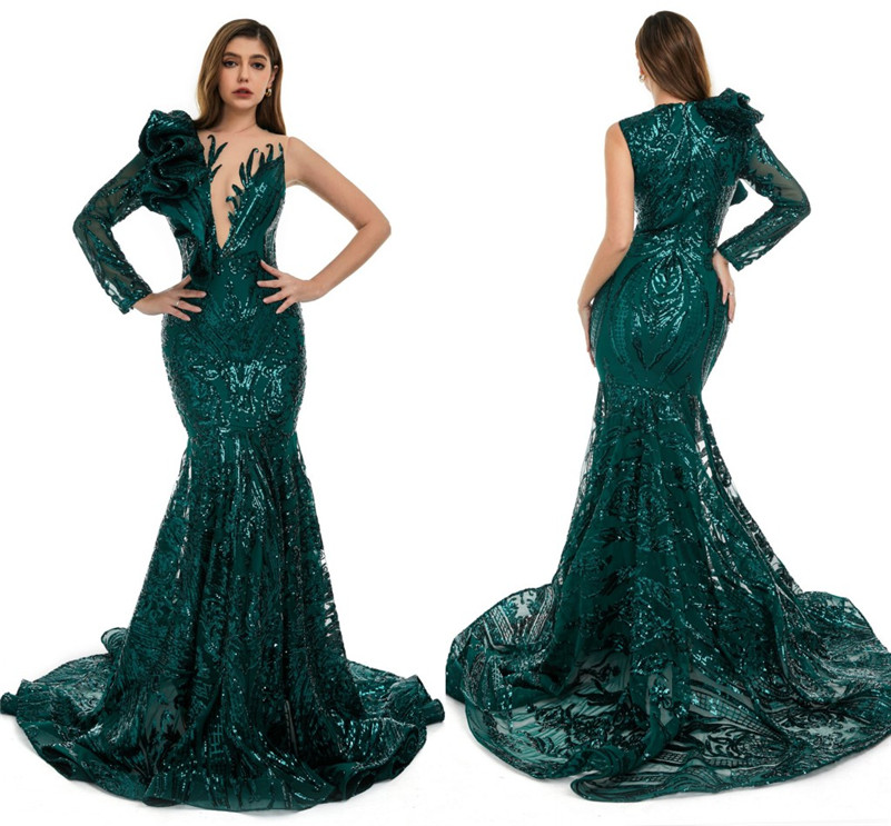 New Royal Blue Dark Green Mermaid Prom Dresses Sparkle Sheer Neck Long Sleeve Sequins Lace Appliques Ruffles Long Evening Gowns BM3500