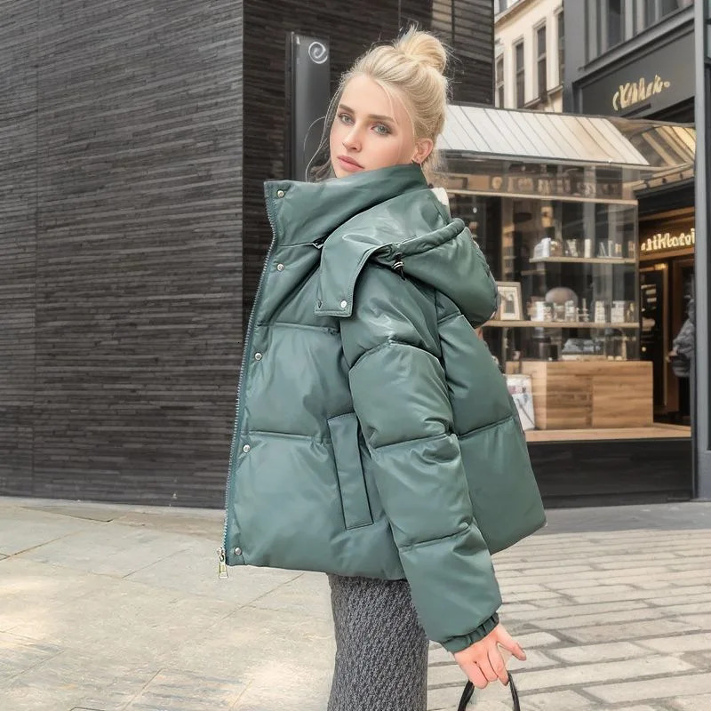 Women's Jackets 2023 Winter All Match Zipper Parka Women Solid Color Full Sleeve Chic Button Jacket Ladies Hooded Short Cotton Down Coat 231205