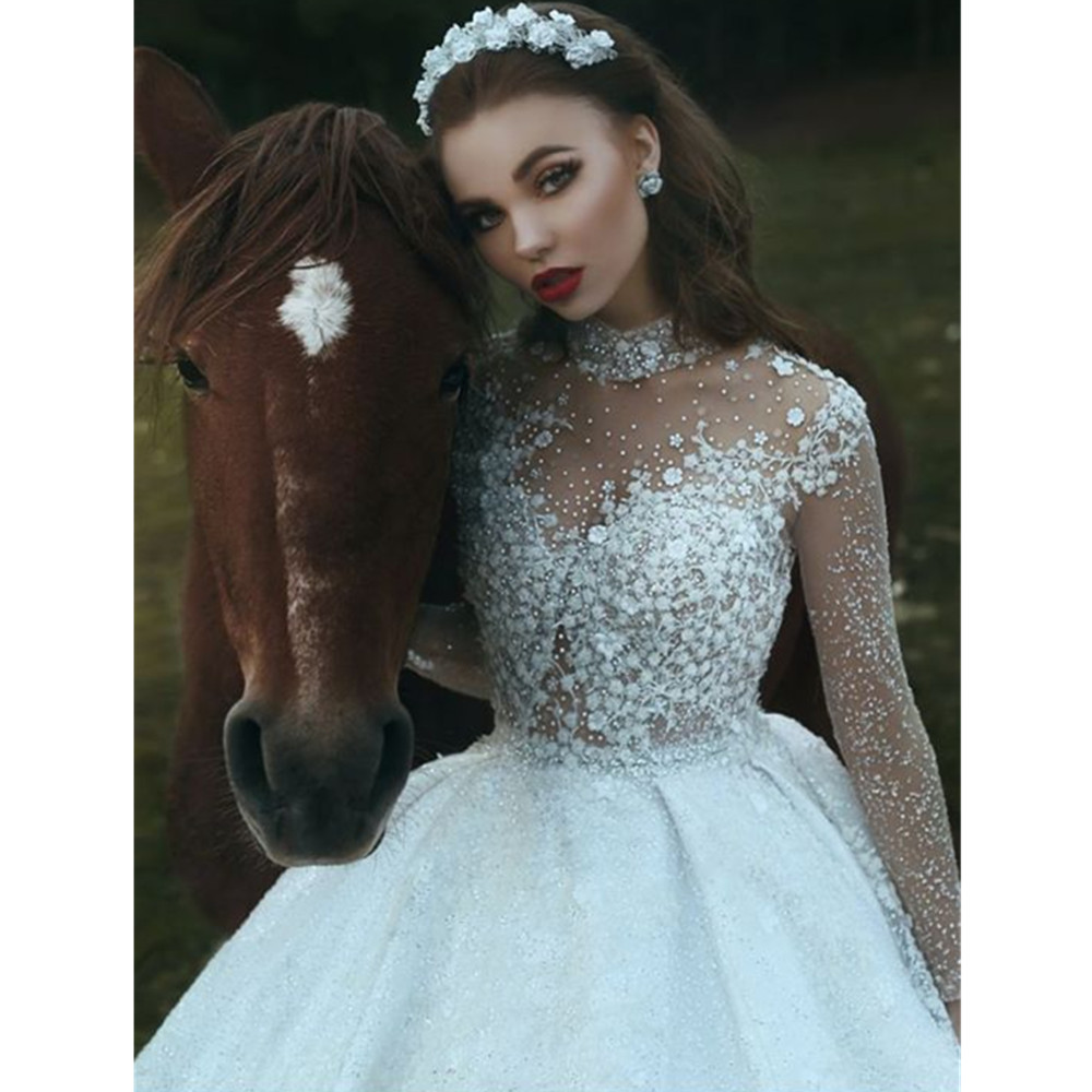 Women Sexy Wedding White Dress Deep High Neck Long Mesh Lace Sleeve A-Line Pleated Dresses YD Es