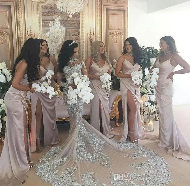 Stunningbride 2024 Sparkly Mermaid Wedding Dress Sexy Sheer Bling Beads Lace Applique High Neck Illusion Long Sleeve Champagne Trumpet Bridal Gowns