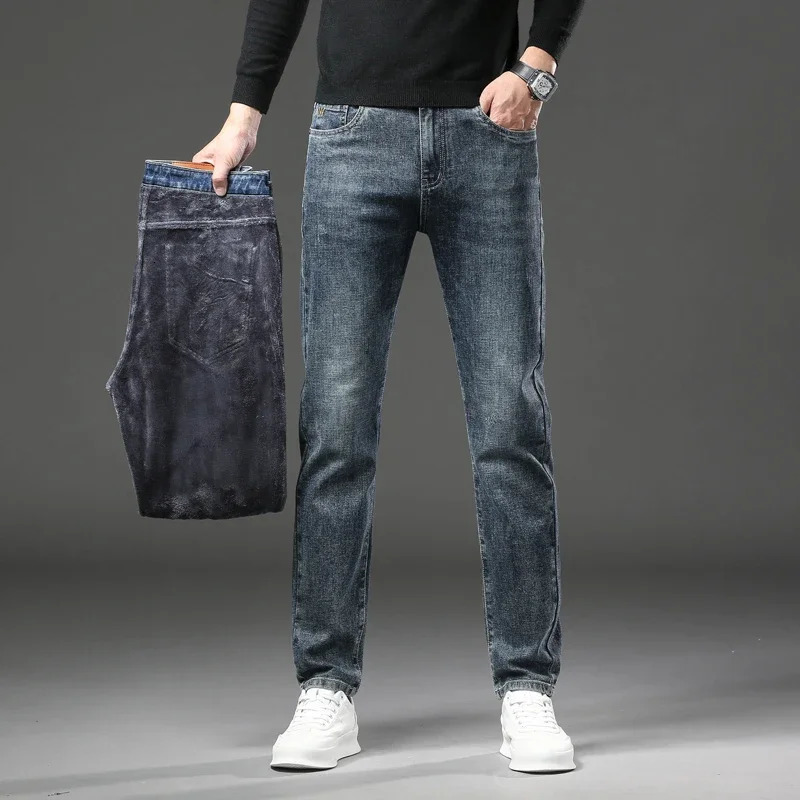 Womens Jeans Straight Elastic Fleece Mens Clothing Winter Thick Warm Casual Slim Fashion Male Retro Denim Trousers 231206