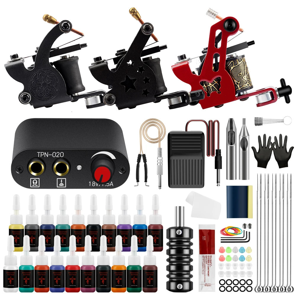 Tattoo Guns Kits Phoenixy Tattoo Machine Gun Kit Power Supply 20 Color Inks Permanent Pigment Needles Complete Tattoo Body Art Tools Starter Set 23120