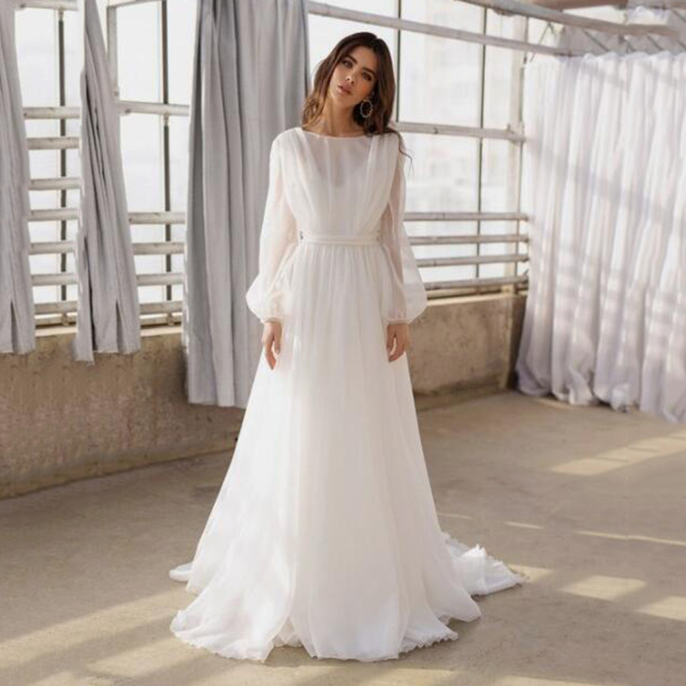 Jewel Classic Wedding Dresses For Bride Long Sleeve Chiffon Illusion Backless A-Line Trendy Criss Cross Sash