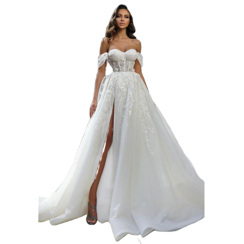 Stylish Beach A Line Lace Wedding Dress Off The Shoulder Appliques Beaded Long Boho Bridal Gowns Side High Split Sexy Bride Dresses Summer Robe