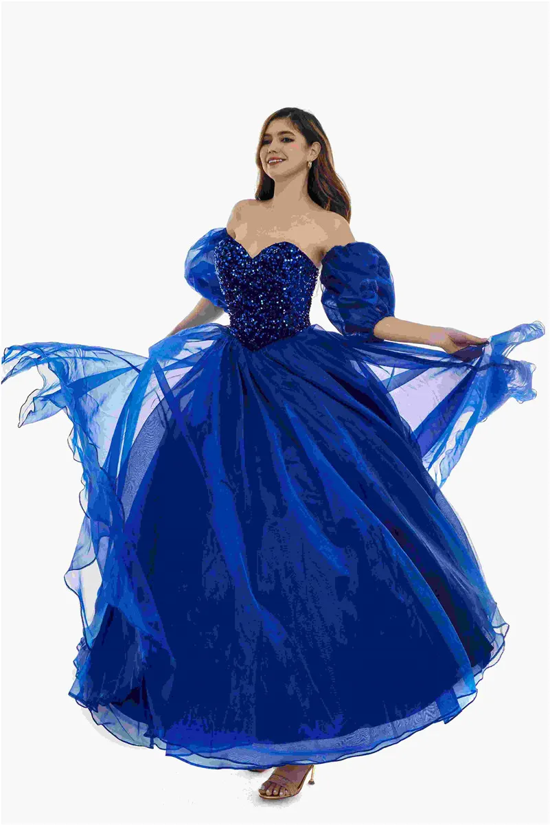 Sexy Backless Royal Blue A Line Prom Dresses 2024 New Sequins Beads Sweetheart Corset Back Evening Quinceanera Gowns with Poet Sleeves BM3503 127