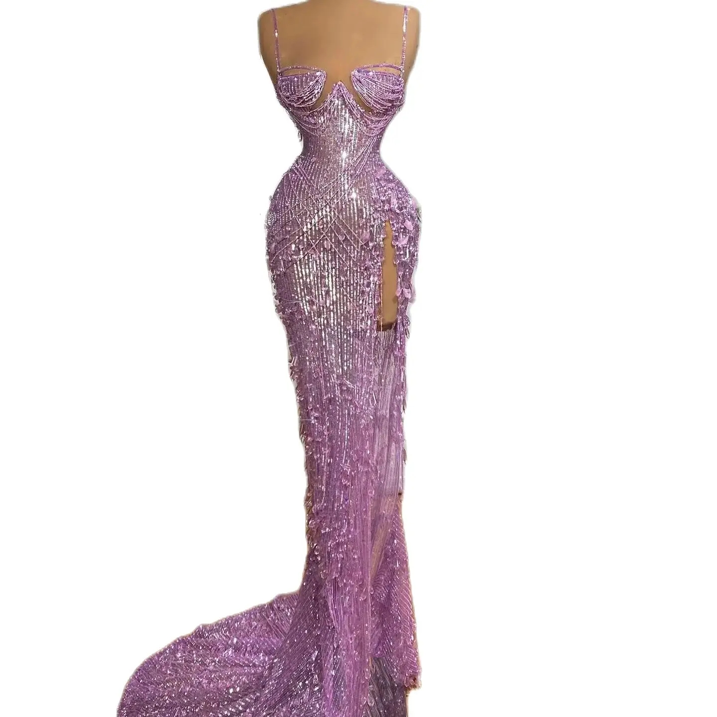 Evening Dress Long Lace Appliques Flowers Mermaid Prom Gowns Women High Split Purple Junior Bridesmaid Special Ocn Dresses 0505