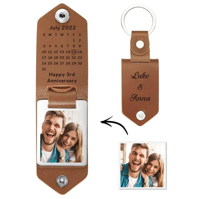 Key Rings Customized Po Calendar Leather Keychain Stainless Steel Personalized UV Color Printing Picture For Father's Day Gift 231206