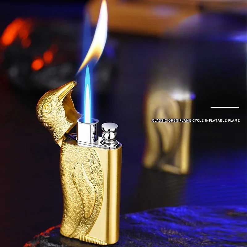 Double Flame Conversion Inflatable Lighter Metal Three-dimensional Relief Penguin Personalized Creative Men's Gift W260202
