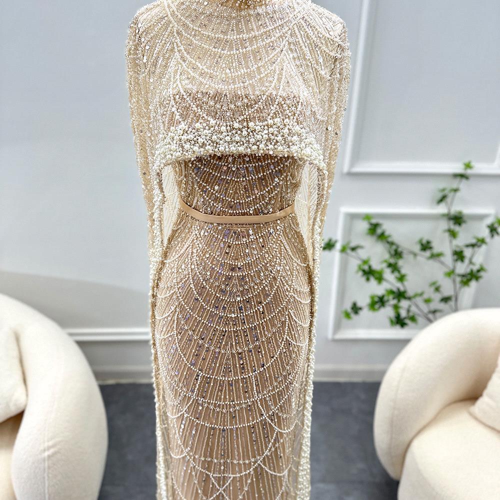 Luxurious Arabic Abaya Champagne Gold Evening Dresses With Cape Beadings Pearls Sheath Women Occasion Formal Gowns BC16805
