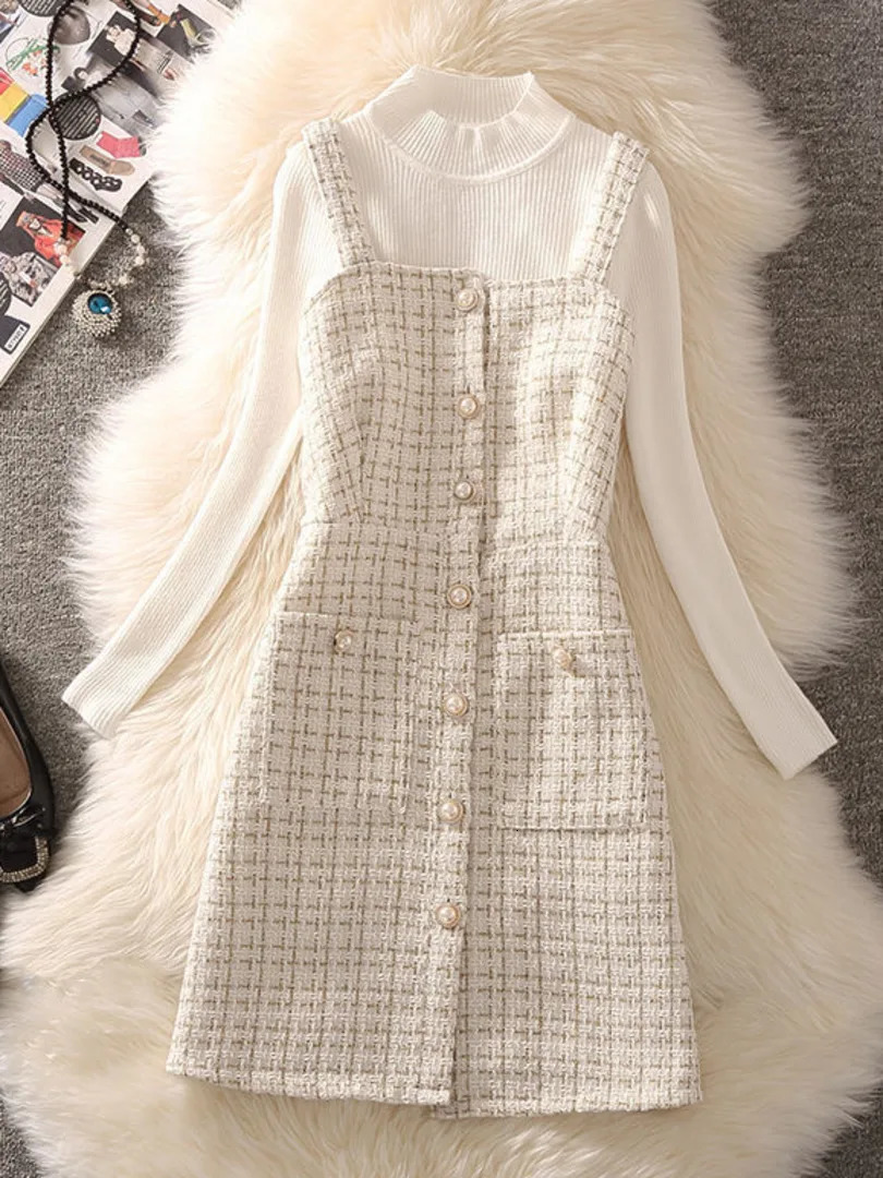 Two Piece Dres Set 2023 Korean Fashion Bowtied Collar White Blouse and Spaghetti Strap Single Breasted Mini Tweed Suits 231207