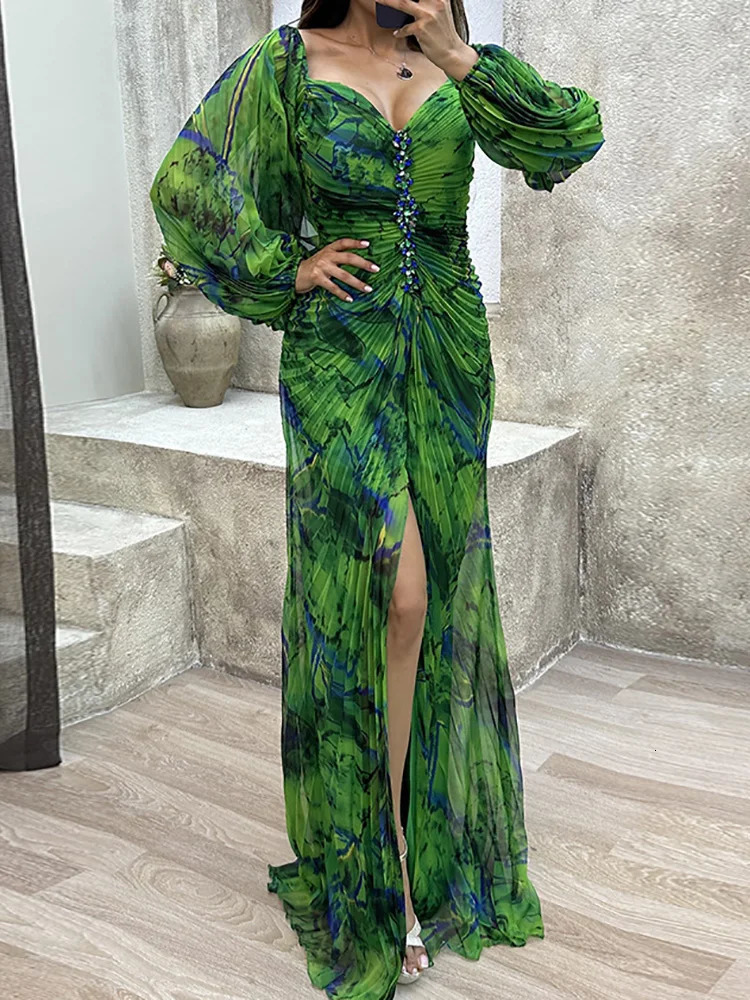 Basic Casual Dresses 2023 V Neck Sexy Split Maxi Dress Spring Autumn Loungewear Fashion Party Long Sleeve Folds Printing Ladies Holiday 231207