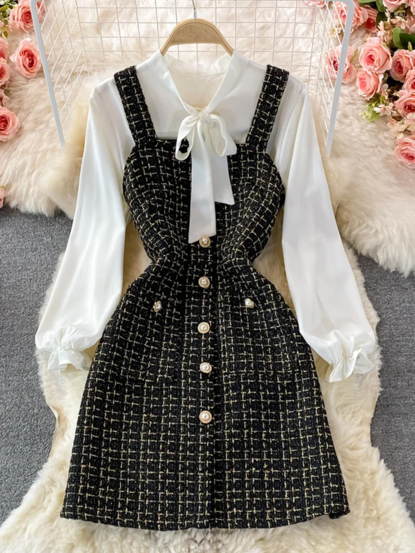 Two Piece Dres Set 2023 Korean Fashion Bowtied Collar White Blouse and Spaghetti Strap Single Breasted Mini Tweed Suits 231207