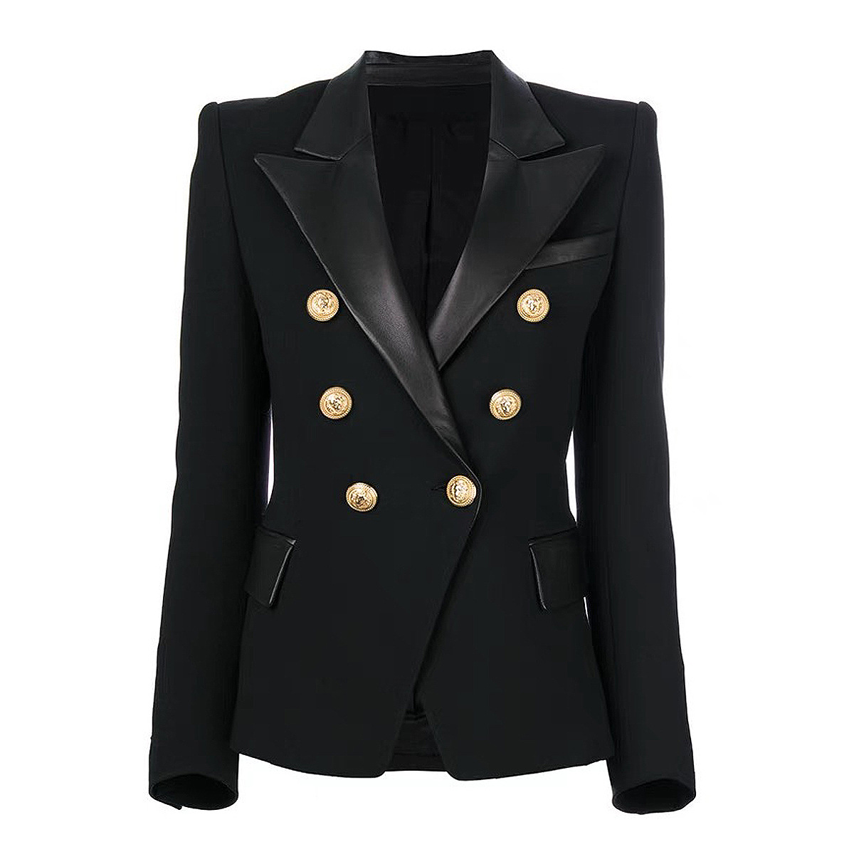 Classic Style Top Quality New Women's Blazer Spliced PU leather Double-Breasted Slim Jacket Metal Lion Buttons Coat