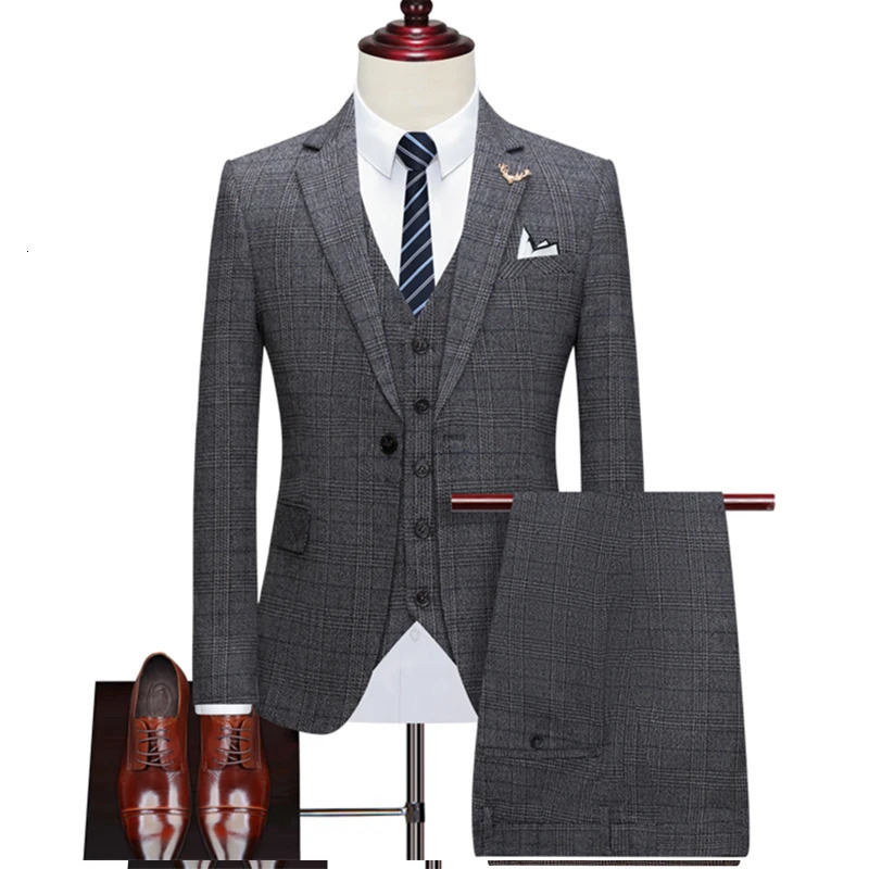 Men's Suits Blazers Suit Coat Vest Pants 3 Pcs Set 2023 Casual Boutique Business Retro British Style Plaid Jacket Trousers Waistcoat 231206