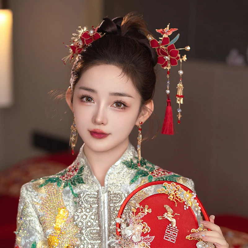Headwear Hair Accessories Chinese Red Fabric Step Shake Flower Tassel Hairpin Classical Bride Wedding Hanfu Qipao 231207