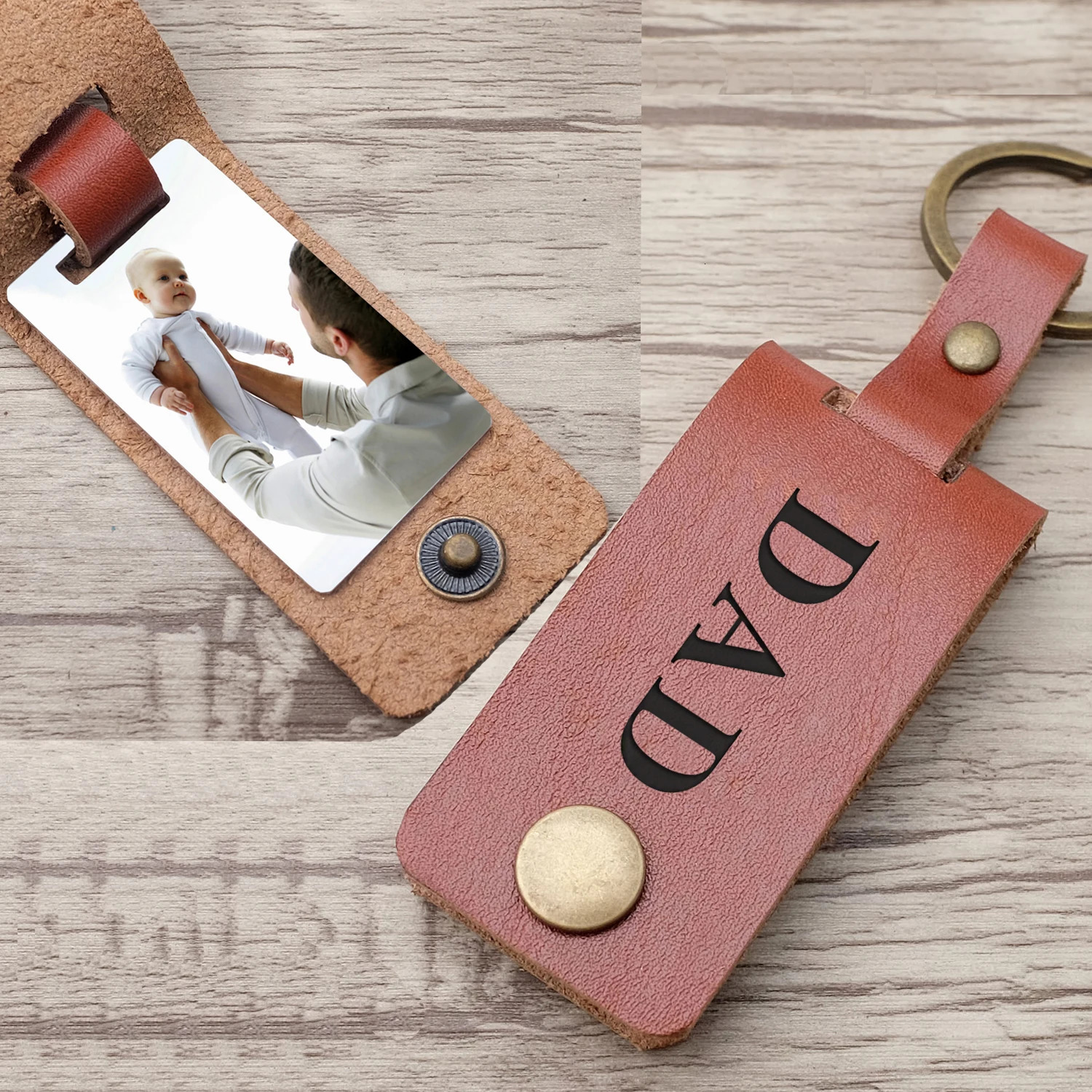 Key Rings Personalised Dad Po Keyring Leather Keychain Father's Day Daddy Gift Picture Engraved For His Her 231206